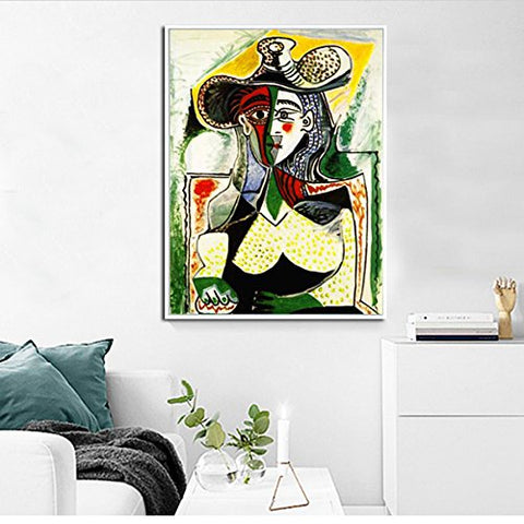 INVIN ART Framed Canvas Giclee Print Art-Abstract Painting Woman with a Big Hat by Pablo Picasso Wall Art Home Decor
