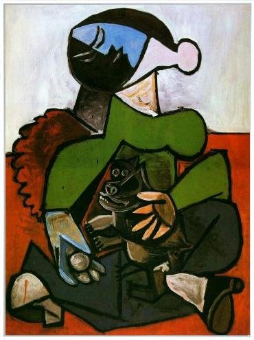 Framed Stretch Canvas Sitting Woman with Dog by Pablo Picasso Wall Art