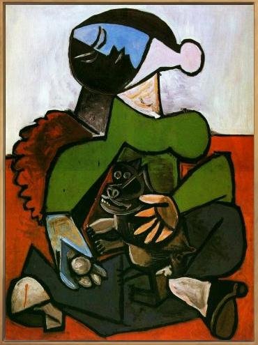 Framed Stretch Canvas Sitting Woman with Dog by Pablo Picasso Wall Art