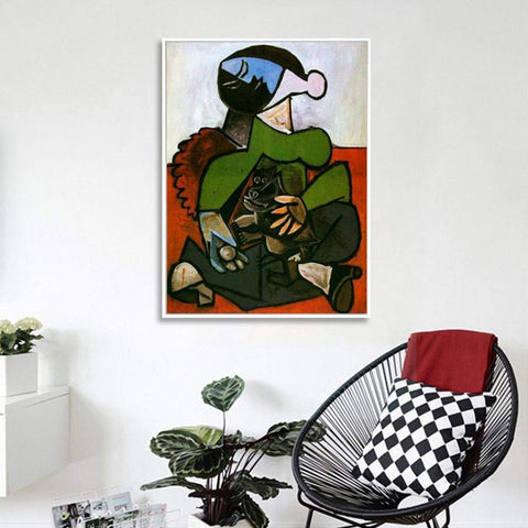 Framed Stretch Canvas Sitting Woman with Dog by Pablo Picasso Wall Art