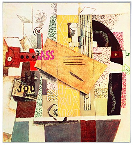 Framed Canvas Clarinet,Bottle of Bass,Newspaper,Ace of Clubs by Pablo Picasso