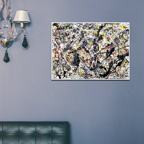 INVIN ART Framed Canvas Giclee Print Art Silver Over Black,White,Yellow and Red by Jackson Pollock Abstract Wall Art Living Room Home Office Decoration
