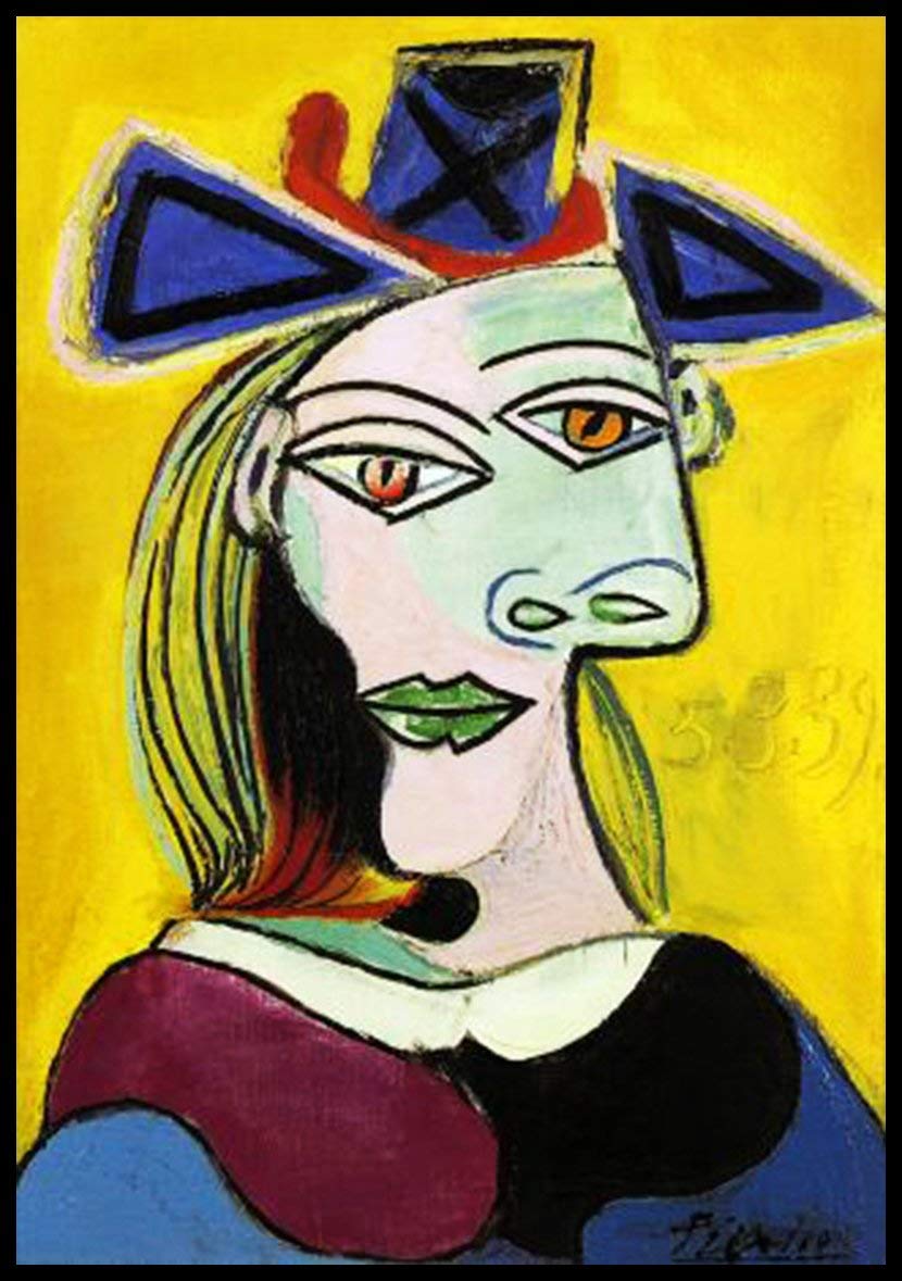 Framed Canvas-Woman with Blue Hat by Pablo Picasso Wall Art