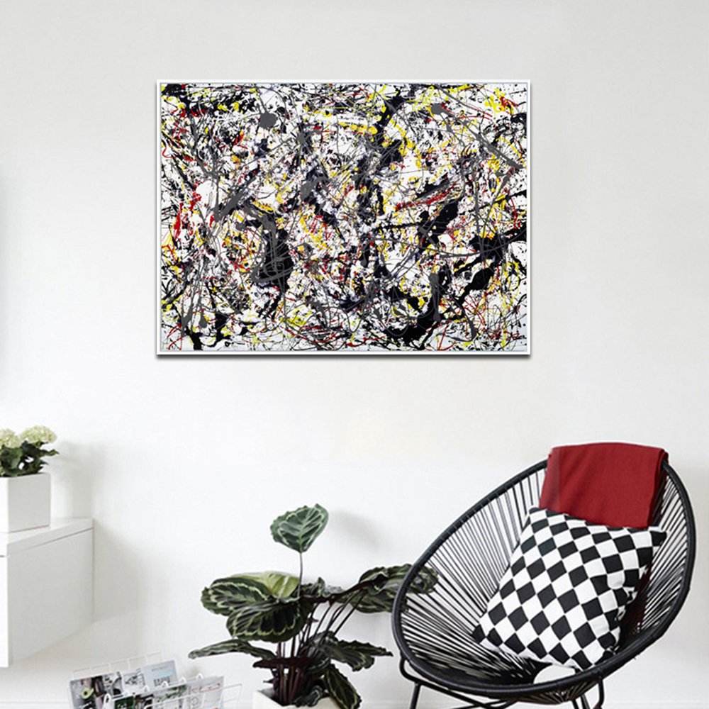 INVIN ART Framed Canvas Giclee Print Art Silver Over Black,White,Yellow and Red by Jackson Pollock Abstract Wall Art