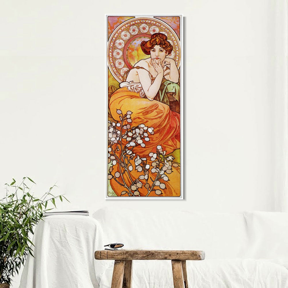 INVIN ART Framed Canvas Giclee Print Topaz. from The Precious Stones Series, 1900 by Alphonse Mucha Wall Art (White Slim Frame,18"x48")