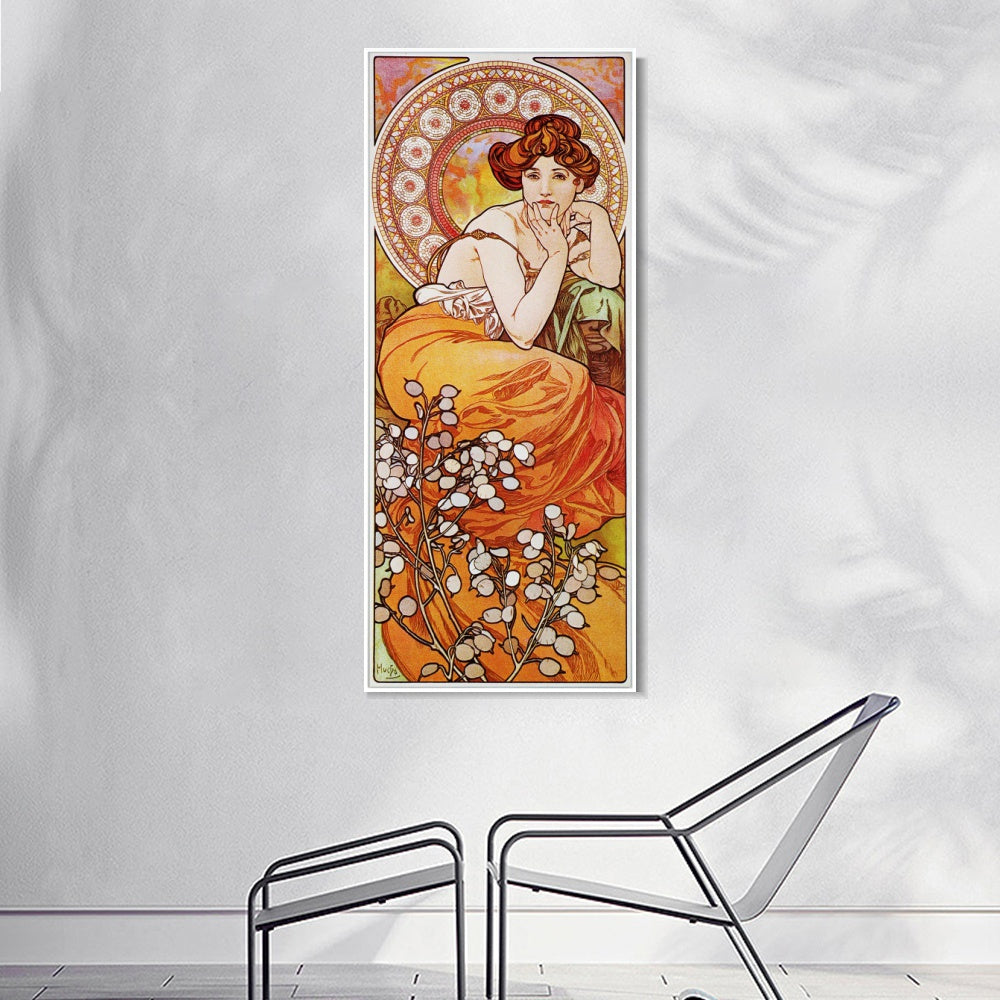 INVIN ART Framed Canvas Giclee Print Topaz. from The Precious Stones Series, 1900 by Alphonse Mucha Wall Art (White Slim Frame,18"x48")