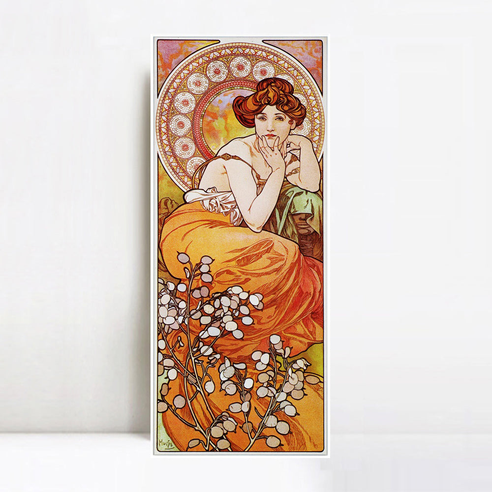 INVIN ART Framed Canvas Giclee Print Topaz. from The Precious Stones Series, 1900 by Alphonse Mucha Wall Art (White Slim Frame,18"x48")