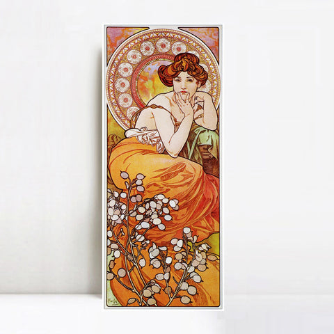 INVIN ART Framed Canvas Giclee Print Topaz. from The Precious Stones Series, 1900 by Alphonse Mucha Wall Art Living Room Home Office Decorations(White Slim Frame,18"x48")