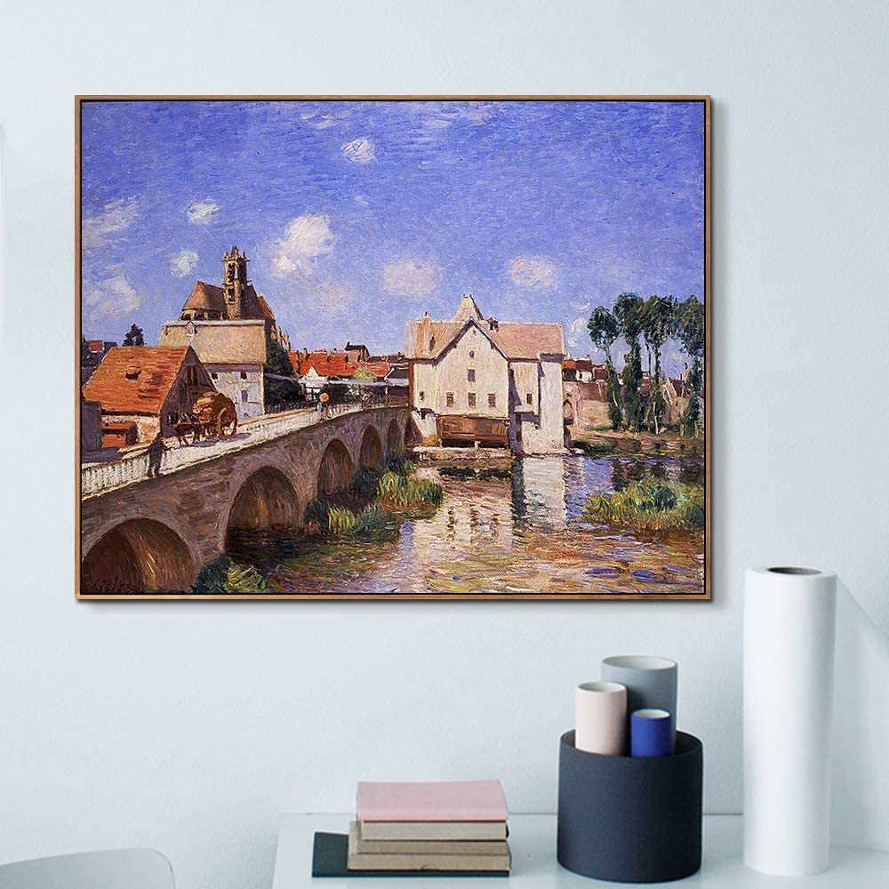 INVIN ART Framed Canvas Giclee Print Art Bridge by Alfred Sisley Wall Art (Wood Color Slim Frame,24"x32")