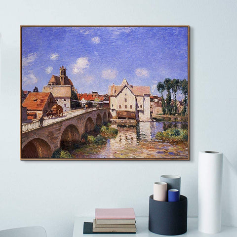 INVIN ART Framed Canvas Giclee Print Art Bridge by Alfred Sisley Wall Art Living Room Home Office Decorations(Wood Color Slim Frame,24"x32")