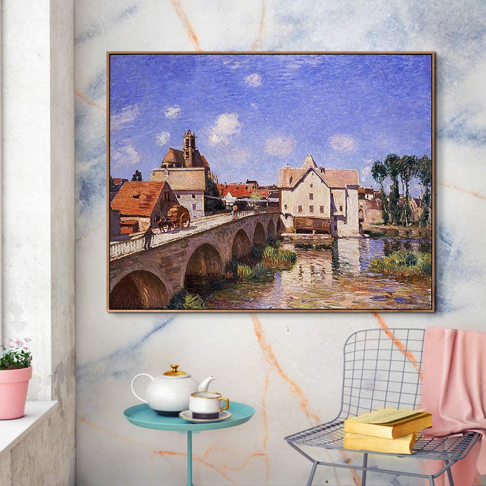 INVIN ART Framed Canvas Giclee Print Art Bridge by Alfred Sisley Wall Art (Wood Color Slim Frame,24"x32")