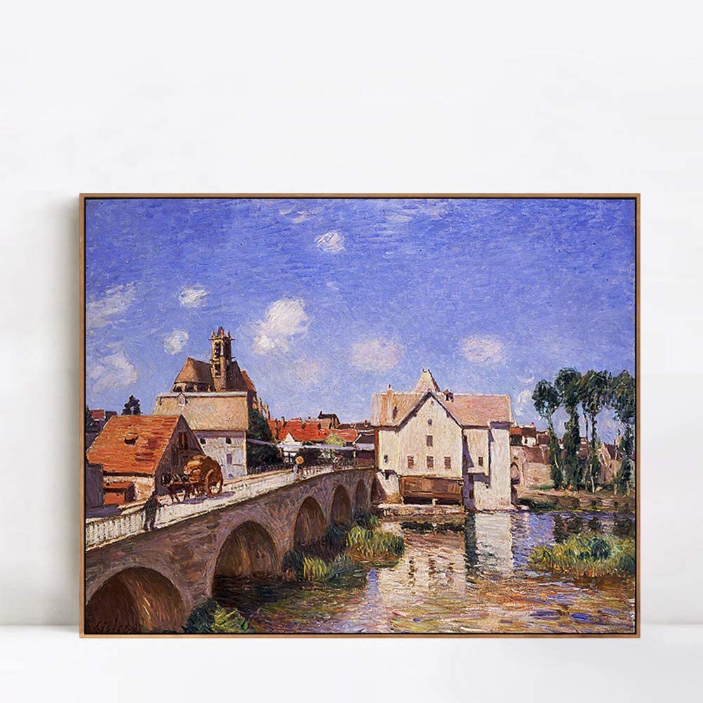 INVIN ART Framed Canvas Giclee Print Art Bridge by Alfred Sisley Wall Art (Wood Color Slim Frame,24"x32")
