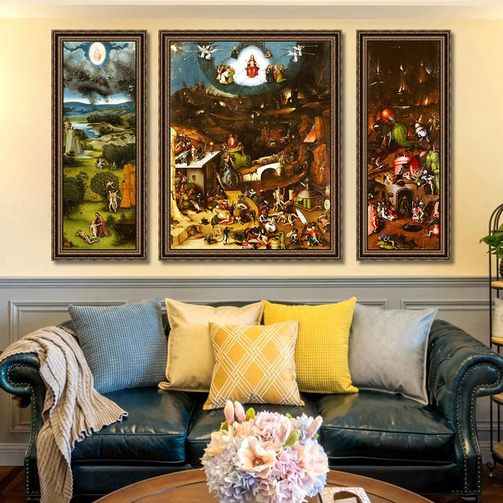INVIN ART Framed Canvas Art Giclee Print Last Judgement by Hieronymus Bosch Wall Art (Vintage Embossed Gold frame,14"x32"x2pcs,24"x32"x1pc)