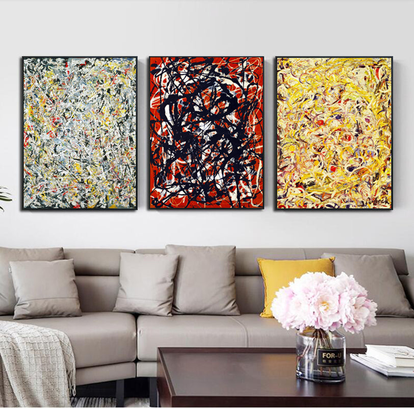 INVIN ART Framed Canvas Giclee Print Art Combo Painting 3 Pieces by Jackson Pollock Wall Art Series#1 (Black Slim Frame,24"x32"Each Piece)