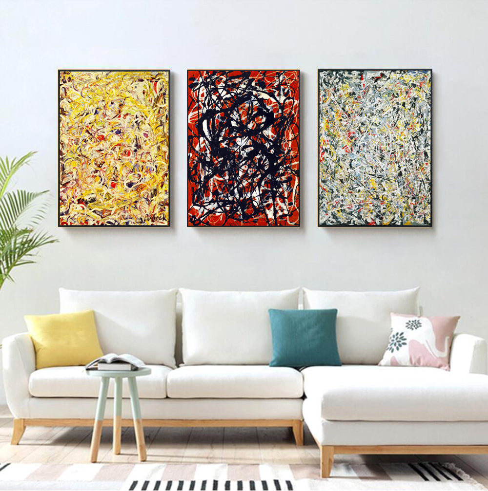 INVIN ART Framed Canvas Giclee Print Art Combo Painting 3 Pieces by Jackson Pollock Wall Art Series#1 (Black Slim Frame,24"x32"Each Piece)