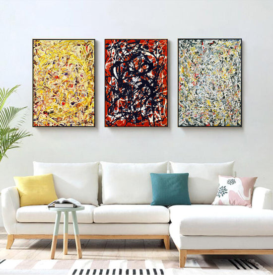INVIN ART Framed Canvas Giclee Print Art Combo Painting 3 Pieces by Jackson Pollock Wall Art Series#1 (Black Slim Frame,24"x32"Each Piece)