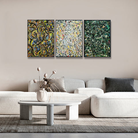 INVIN ART Combo Painting 3 Pieces by Jackson Pollock Framed Canvas Giclee Print Art Abstract Wall Art Series #2(Black Slim Frame,24"x32"Each Piece)