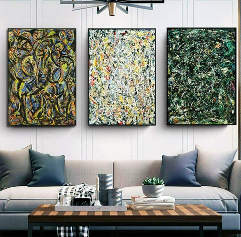 INVIN ART Combo Painting 3 Pieces by Jackson Pollock Framed Canvas Giclee Print Art Abstract Wall Art Series #2(Black Slim Frame,24"x32"Each Piece)