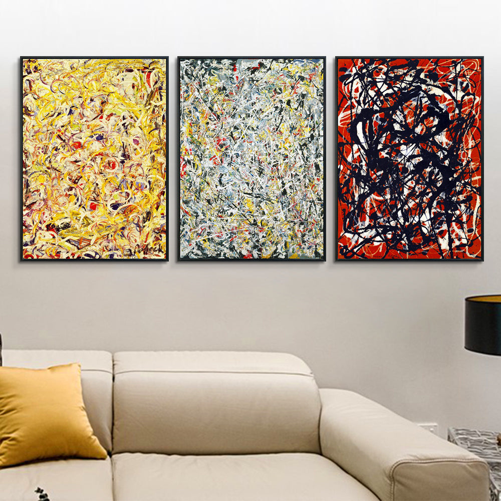 INVIN ART Framed Canvas Giclee Print Art Combo Painting 3 Pieces by Jackson Pollock Wall Art Series#1 (Black Slim Frame,24"x32"Each Piece)