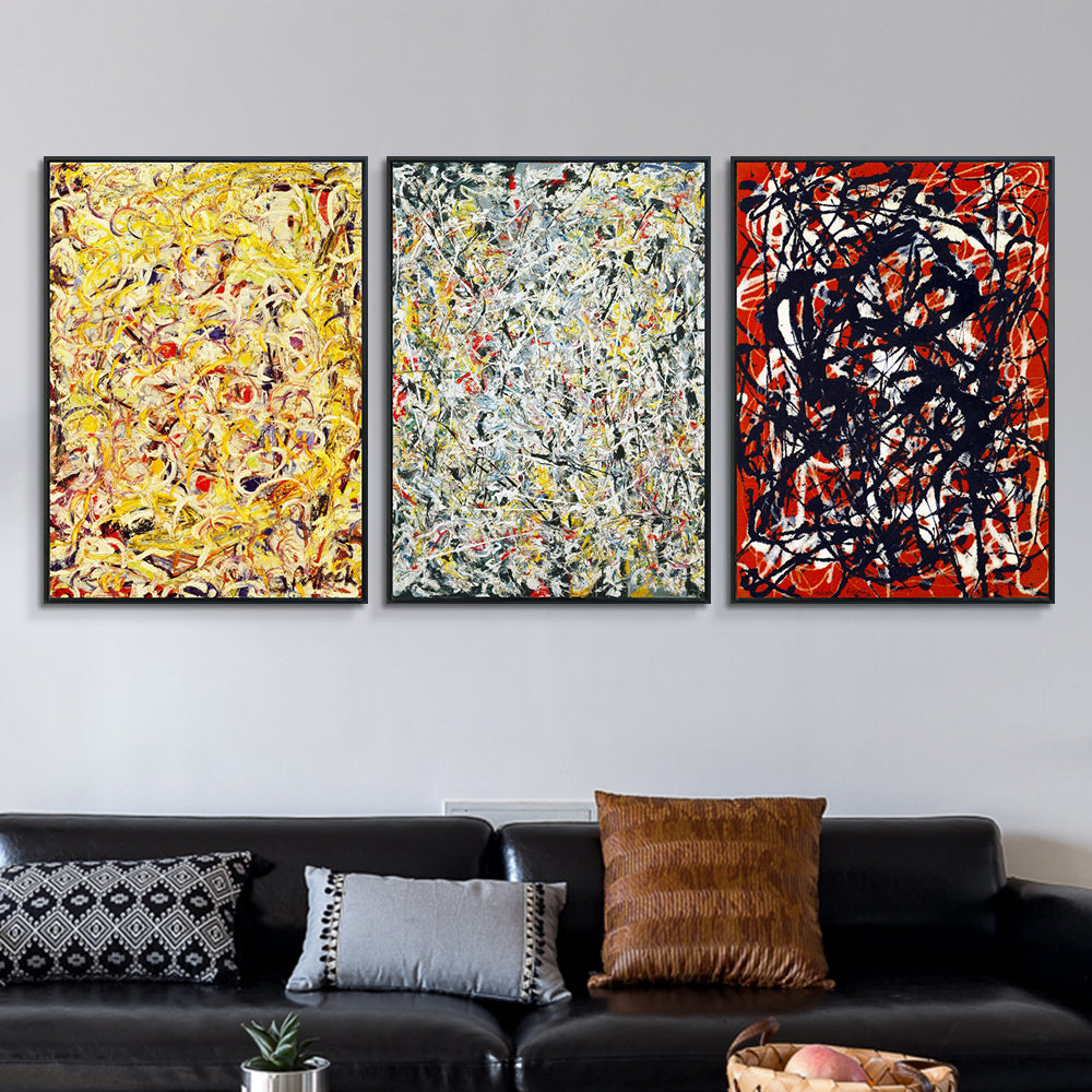 INVIN ART Framed Canvas Giclee Print Art Combo Painting 3 Pieces by Jackson Pollock Wall Art Series#1 (Black Slim Frame,24"x32"Each Piece)