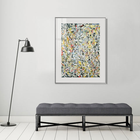 INVIN ART Framed Canvas Art White Light by Jackson Pollock Abstract Wall Art Living Room Home Office Decorations(Aluminum Metal White Frame with Mat & Glass,28"x40")