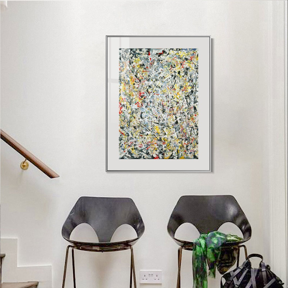 INVIN ART Framed Canvas Art White Light by Jackson Pollock Abstract Wall Art (Aluminum Metal White Frame with Mat & Glass,28"x40")