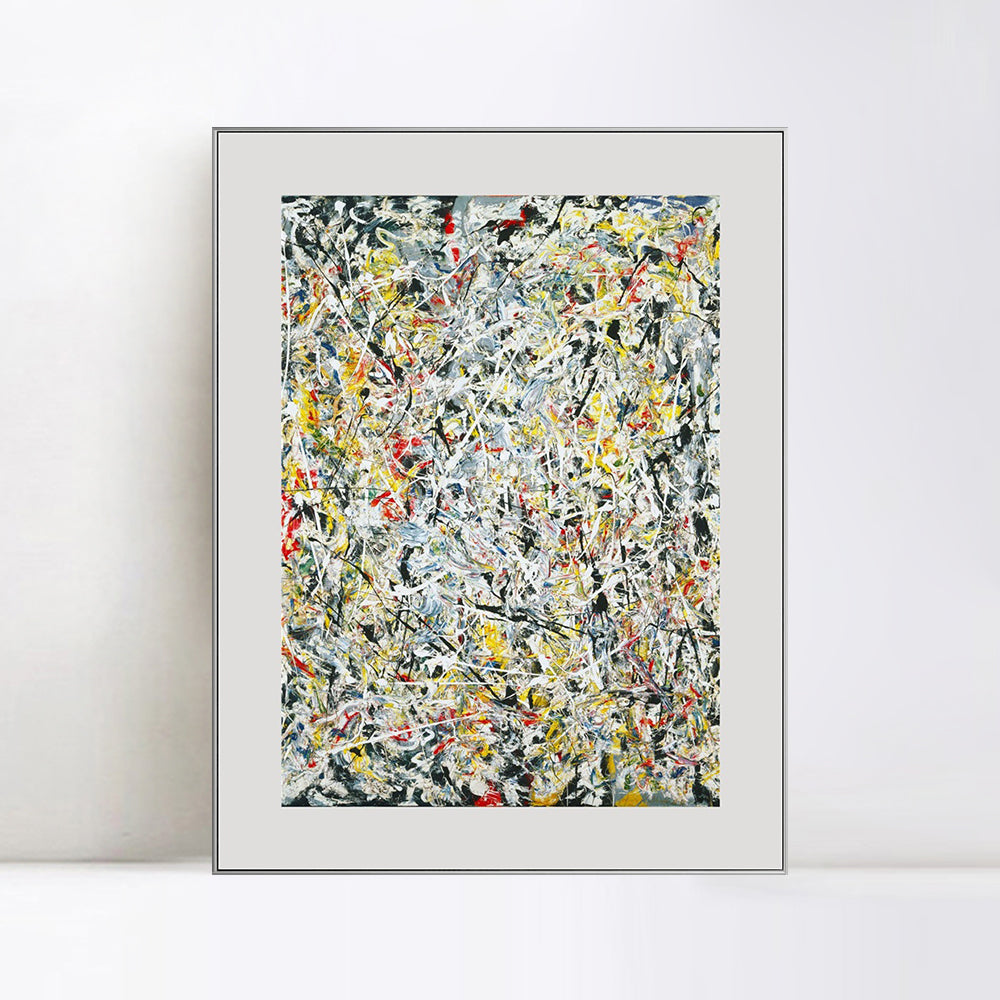 INVIN ART Framed Canvas Art White Light by Jackson Pollock Abstract Wall Art (Aluminum Metal White Frame with Mat & Glass,28"x40")