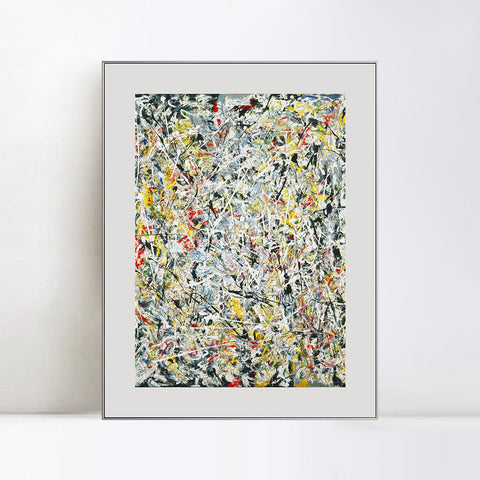 INVIN ART Framed Canvas Art White Light by Jackson Pollock Abstract Wall Art Living Room Home Office Decorations(Aluminum Metal White Frame with Mat & Glass,28"x40")
