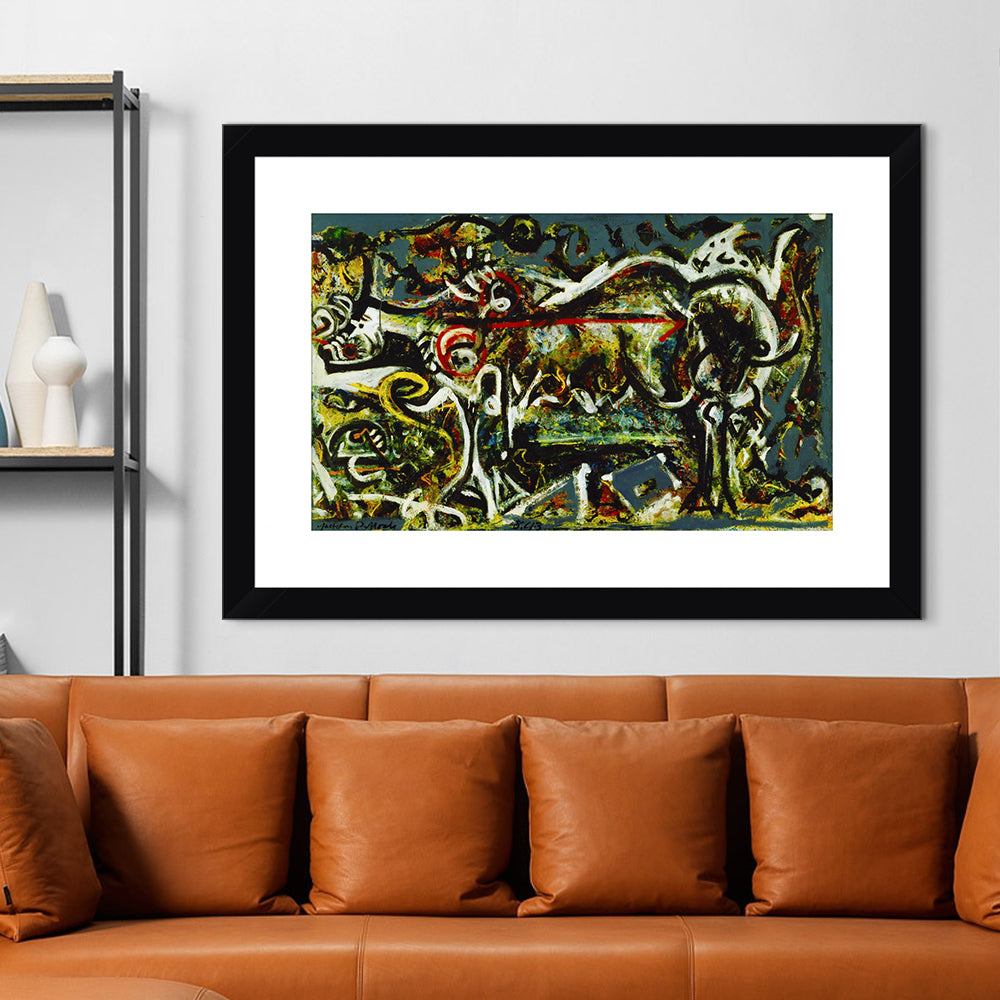 INVIN ART Framed Canvas Giclee Print Art The She-Wolf by Jackson Pollock Abstract Wall Art (Black Frame with Mat,24"x32")