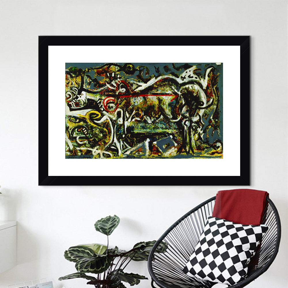 INVIN ART Framed Canvas Giclee Print Art The She-Wolf by Jackson Pollock Abstract Wall Art (Black Frame with Mat,24"x32")