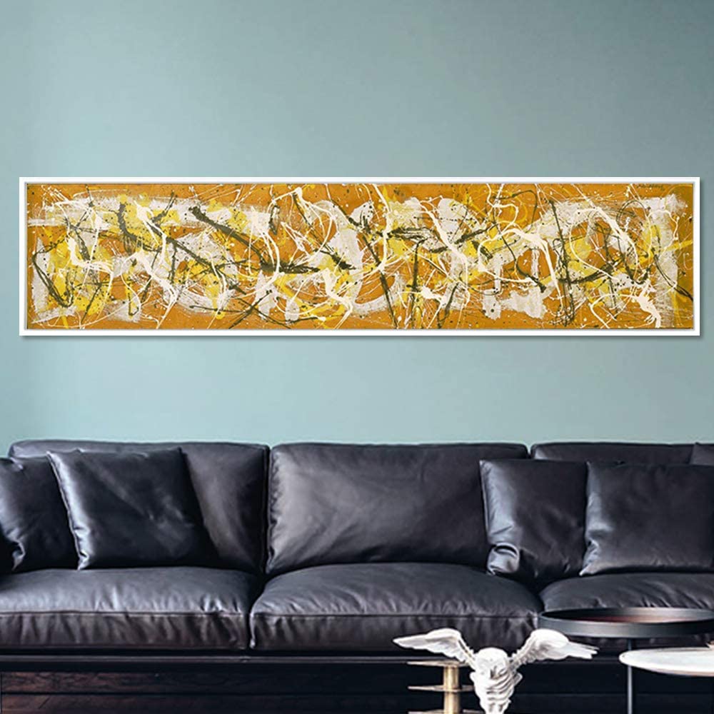 INVIN ART Framed Canvas Giclee Print Art Number 7, 1950 by Jackson Pollock Wall Art (White Slim Frame,10"x45")
