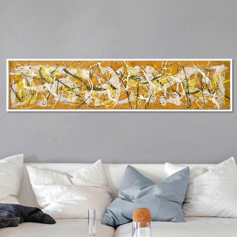 INVIN ART Framed Canvas Giclee Print Art Number 7, 1950 by Jackson Pollock Wall Art (White Slim Frame,10"x45")