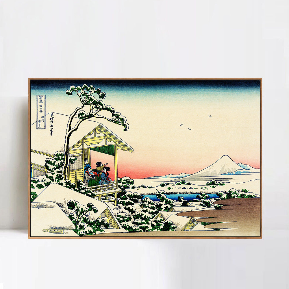 INVIN ART Framed Canvas Giclee Print Tea house at Koishikawa.The morning after a snowfall by Katsushika Hokusai Wall Art Living Room Home Office Decorations