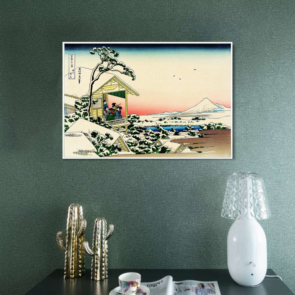 INVIN ART Framed Canvas Giclee Print Tea house at Koishikawa.The morning after a snowfall by Katsushika Hokusai Wall Art Living Room Home Office Decorations