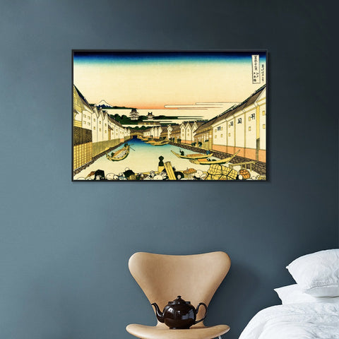 INVIN ART Framed Canvas Giclee Print River Commerce by Katsushika Hokusai Wall Art Living Room Home Office Decorations
