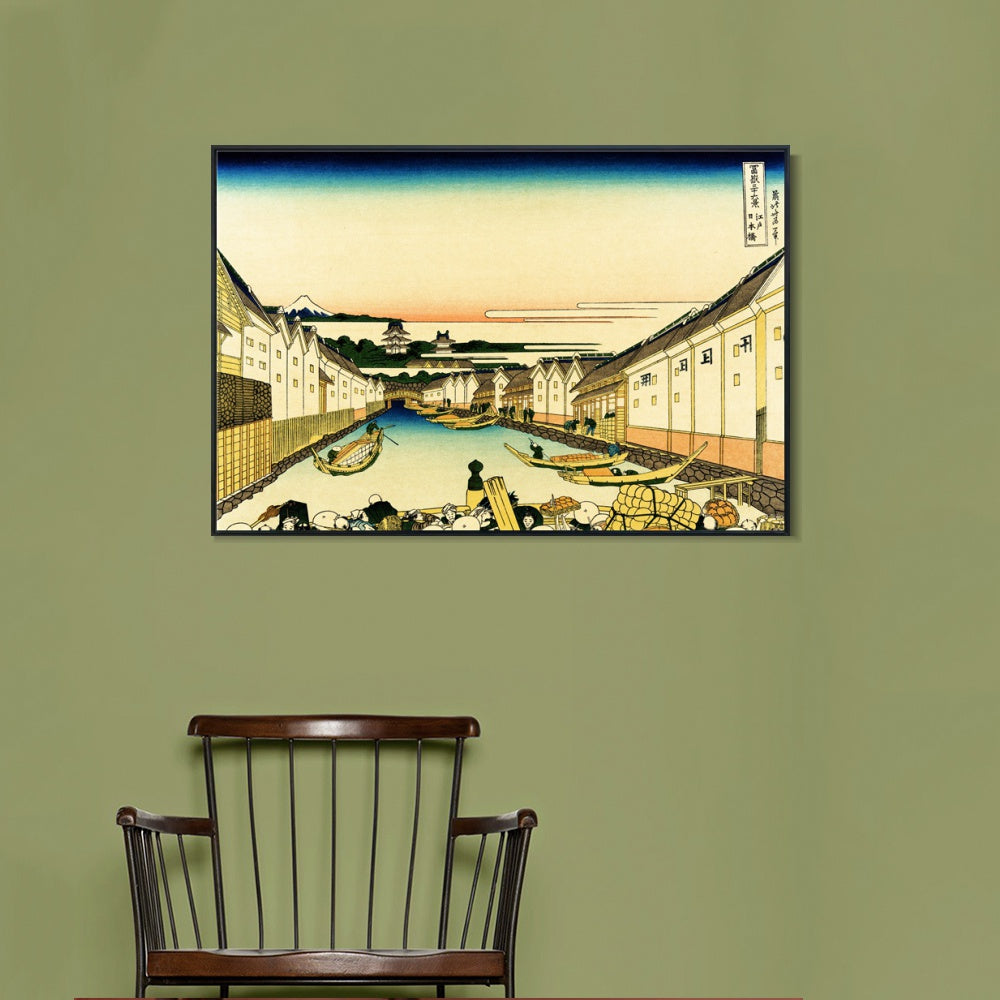 INVIN ART Framed Canvas Giclee Print River Commerce by Katsushika Hokusai Wall Art Living Room Home Office Decorations
