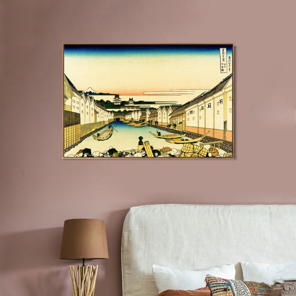 INVIN ART Framed Canvas Giclee Print River Commerce by Katsushika Hokusai Wall Art Living Room Home Office Decorations