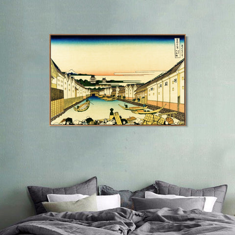 INVIN ART Framed Canvas Giclee Print River Commerce by Katsushika Hokusai Wall Art Living Room Home Office Decorations