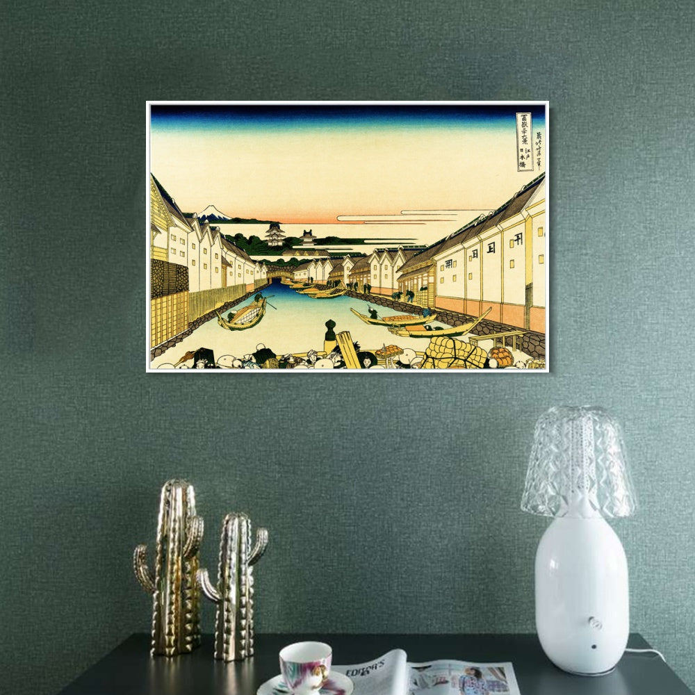INVIN ART Framed Canvas Giclee Print River Commerce by Katsushika Hokusai Wall Art Living Room Home Office Decorations
