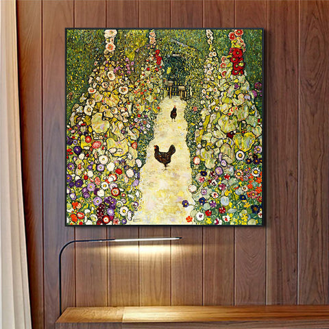 INVIN ART Framed Canvas Giclee Print Art Garden Path with Chickens by Gustav Klimt Wall Art Living Room Home Office Decorations