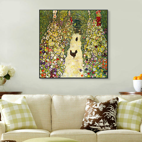 INVIN ART Framed Canvas Giclee Print Art Garden Path with Chickens by Gustav Klimt Wall Art Living Room Home Office Decorations