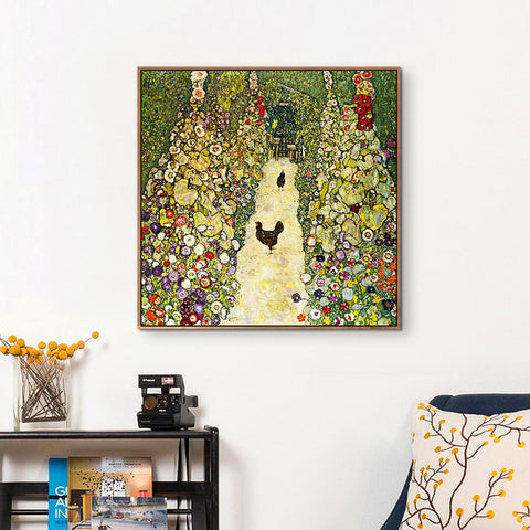 INVIN ART Framed Canvas Giclee Print Art Garden Path with Chickens by Gustav Klimt Wall Art Living Room Home Office Decorations