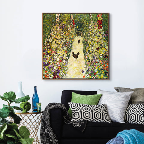 INVIN ART Framed Canvas Giclee Print Art Garden Path with Chickens by Gustav Klimt Wall Art Living Room Home Office Decorations