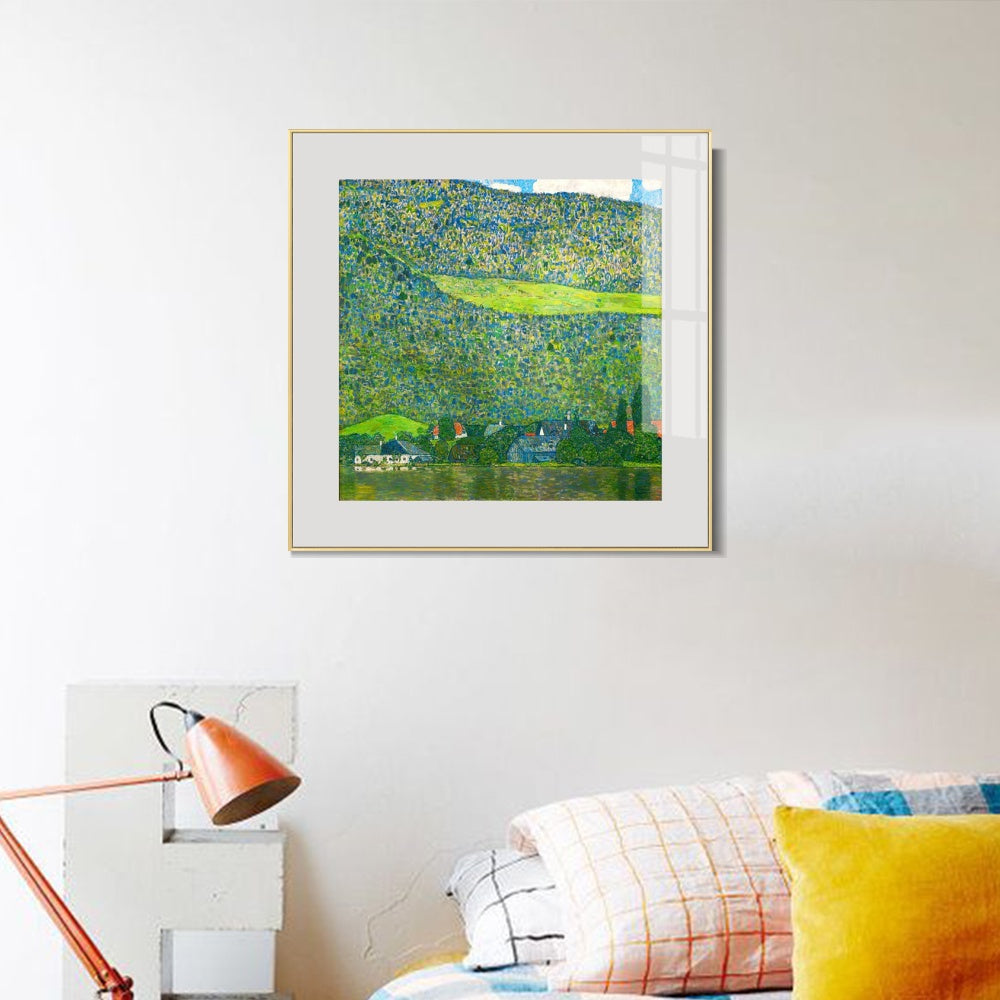INVIN ART Framed Canvas Giclee Print Art Litzlberg on Lake Attersee, Austria. 1915 by Gustav Klimt Wall Art (Aluminum Metal Champagne Frame with Mat & Glass,28"x28")