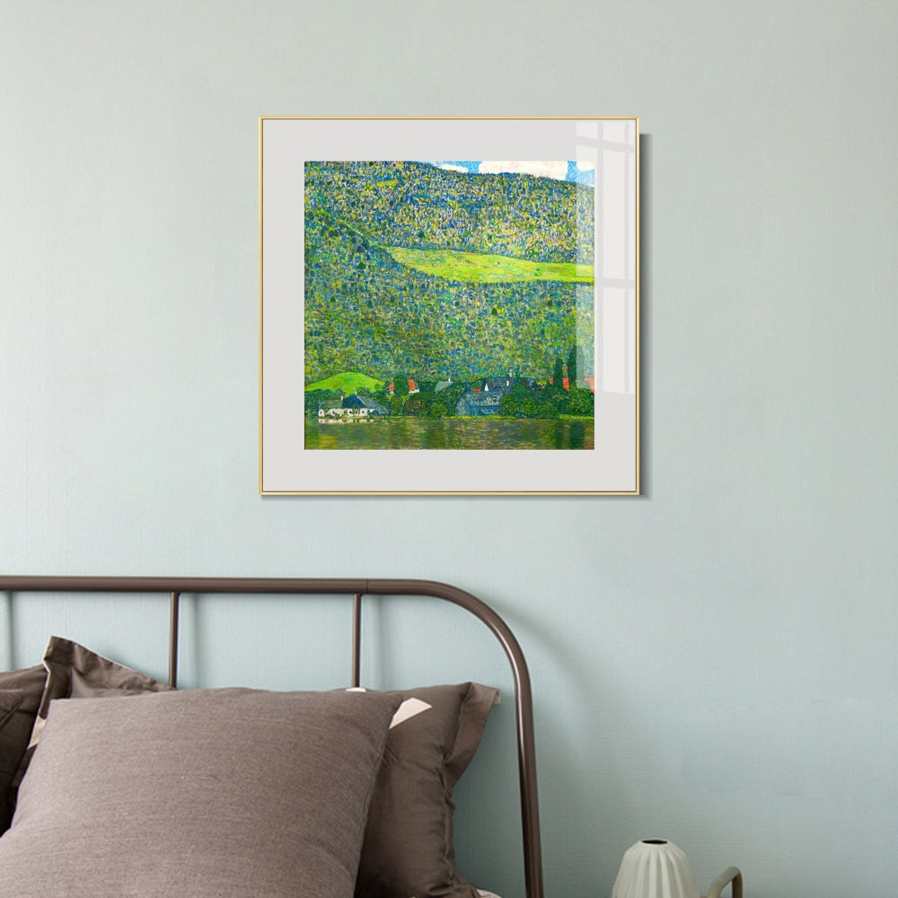 INVIN ART Framed Canvas Giclee Print Art Litzlberg on Lake Attersee, Austria. 1915 by Gustav Klimt Wall Art (Aluminum Metal Champagne Frame with Mat & Glass,28"x28")