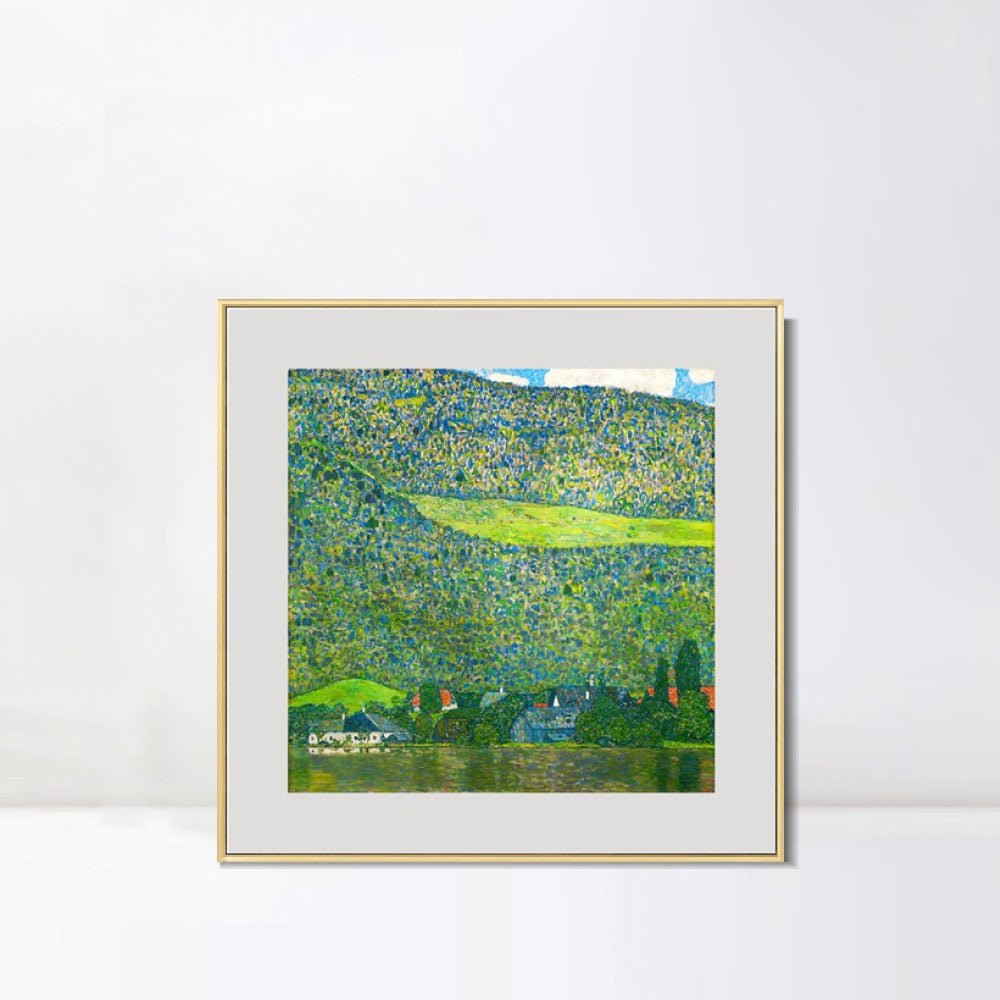 INVIN ART Framed Canvas Giclee Print Art Litzlberg on Lake Attersee, Austria. 1915 by Gustav Klimt Wall Art (Aluminum Metal Champagne Frame with Mat & Glass,28"x28")