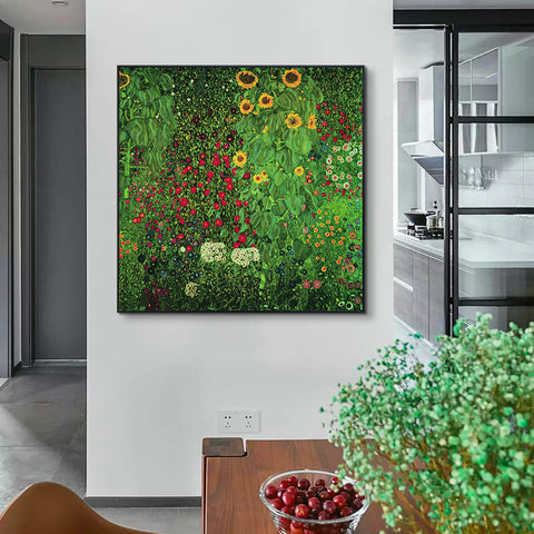 INVIN ART Framed Canvas Giclee Print Art Garden with Flowers by Gustav Klimt Wall Art Living Room Home Office Decorations
