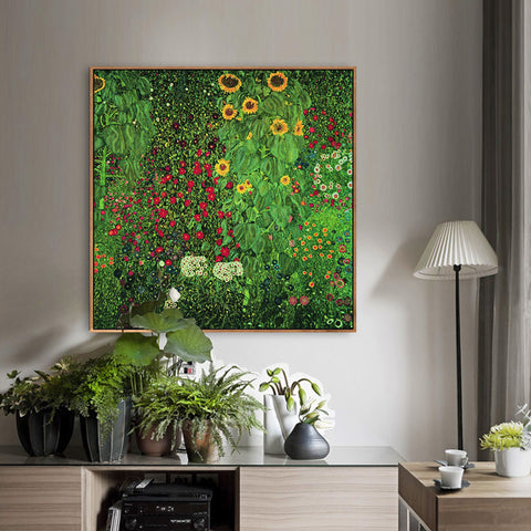 INVIN ART Framed Canvas Giclee Print Art Garden with Flowers by Gustav Klimt Wall Art Living Room Home Office Decorations