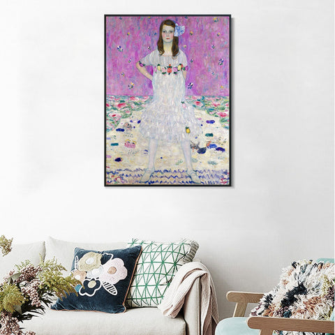 INVIN ART Framed Canvas Giclee Print Art Girl In White by Gustav Klimt Wall Art Living Room Home Office Decorations