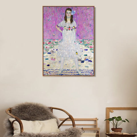 INVIN ART Framed Canvas Giclee Print Art Girl In White by Gustav Klimt Wall Art Living Room Home Office Decorations